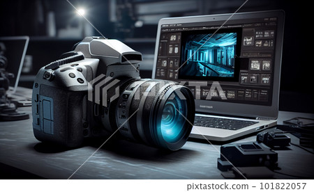 Photographer's workplace with a modern equipment. Mirrorless camera, laptop and prime lenses. 101822057