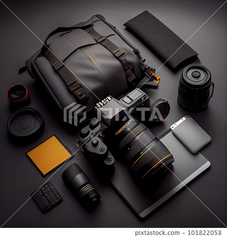 Work space photographer with laptop, digital camera, memory card, action camera, drone, remote controller, phone and camera accessory. Top view on black table background. Concept of mockup template. Work space photographer with laptop, digital camera, memory card, action camera, drone, remote controller, phone and camera accessory. Top view on black table background. Concept of mockup template. 101822058