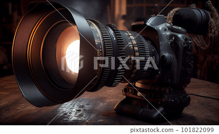 Professional modern DSLR camera low key image - Modern DSLR camera with a very wide aperture lens on 101822099