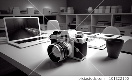 Photographer's workplace with a modern equipment. Mirrorless camera, laptop and prime lenses. 101822100