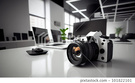Photographer's workplace with a modern equipment. Mirrorless camera, laptop and prime lenses. 101822101