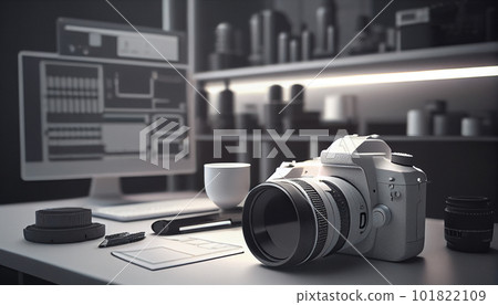 Photographer's workplace with a modern equipment. Mirrorless camera, laptop and prime lenses. Photographer's workplace with a modern equipment. Mirrorless camera, laptop and prime lenses. 101822109
