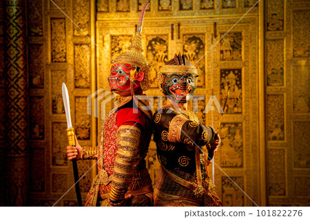 Khon or traditional Thai classic masked from the Ramakien with Red giant stand beside black monkey 101822276