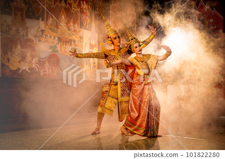 Pantomime (Khon) or traditional Thai classic masked play enacting scenes from the Ramakien 101822280