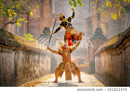Khon or traditional Thai classic masked from the Ramakien characters action of traditional dance Khon or traditional Thai classic masked from the Ramakien characters action of traditional dance 101822359