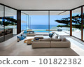 Picture of the living room of a villa next to the beach of the blue sea on a clear day. generative Ai 101822382