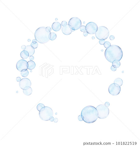 Watercolor drawn round frame from different size blue air bubbles on white background. Transparent realistic picture of spheres for card, photos, illustration, stickers, logo, textile printing, banner Watercolor drawn round frame from different size blue air bubbles on white background. Transparent realistic picture of spheres for card, photos, illustration, stickers, logo, textile printing, banner 101822519