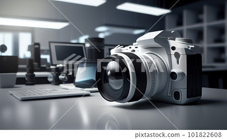Photographer's workplace with a modern equipment. Mirrorless camera, laptop and prime lenses. Photographer's workplace with a modern equipment. Mirrorless camera, laptop and prime lenses. 101822608