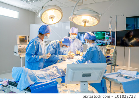 Wide shot of operation team with blue clothes compose of nurse and doctor help to treatment Wide shot of operation team with blue clothes compose of nurse and doctor help to treatment 101822728