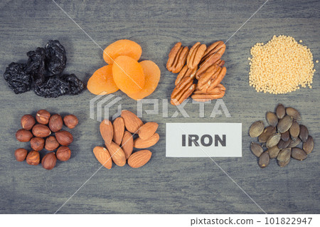 Food containing natural iron and other vitamins and minerals. Healthy eating Food containing natural iron and other vitamins and minerals. Healthy eating 101822947
