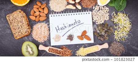 Notepad with inscription hashimoto and best ingredients for healthy thyroid Notepad with inscription hashimoto and best ingredients for healthy thyroid 101823027