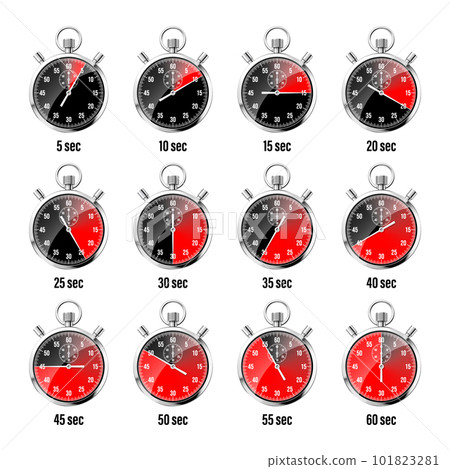 Realistic classic stopwatch. Shiny metal chronometer, time counter with dial. Red countdown timer showing minutes and seconds. Time measurement for sport, start and finish. Vector illustration Realistic classic stopwatch. Shiny metal chronometer, time counter with dial. Red countdown timer showing minutes and seconds. Time measurement for sport, start and finish. Vector illustration 101823281