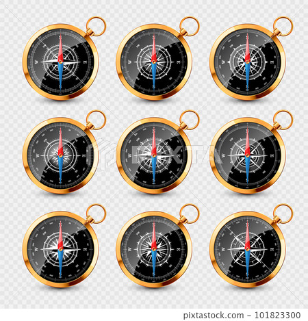 Vintage compass, marine wind rose with cardinal directions of North, East, South, West. Realistic golden navigational compass, shiny metal. Cartography and navigation. Vector illustration Vintage compass, marine wind rose with cardinal directions of North, East, South, West. Realistic golden navigational compass, shiny metal. Cartography and navigation. Vector illustration 101823300