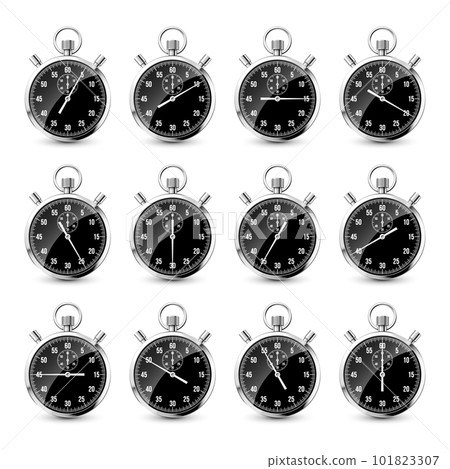 Realistic classic stopwatch. Shiny metal chronometer, time counter with dial. Countdown timer showing minutes and seconds. Time measurement for sport, start and finish. Vector illustration Realistic classic stopwatch. Shiny metal chronometer, time counter with dial. Countdown timer showing minutes and seconds. Time measurement for sport, start and finish. Vector illustration 101823307