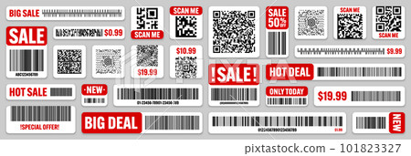 Set of product barcodes and QR codes. Special offer, sale stickers, shopping discount label or promotional badge. Serial number, product ID. Supermarket retail label, price tag. Vector illustration Set of product barcodes and QR codes. Special offer, sale stickers, shopping discount label or promotional badge. Serial number, product ID. Supermarket retail label, price tag. Vector illustration 101823327