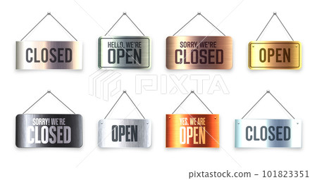 Brushed metal Open and Closed hanging signboards. Vintage door sign for cafe, restaurant, bar or retail store. Announcement banner, information signage for business or service. Vector illustration Brushed metal Open and Closed hanging signboards. Vintage door sign for cafe, restaurant, bar or retail store. Announcement banner, information signage for business or service. Vector illustration 101823351
