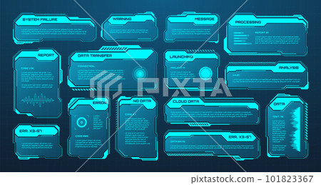 Blue futuristic HUD or UI elements. Sci-fi user interface text boxes, callouts. Warning message frames, information boxes template. Modern game interface layout in digital style. Vector illustration 101823367
