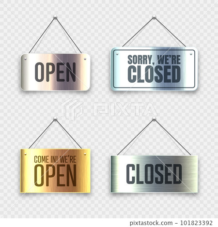 Brushed metal Open and Closed hanging signboards. Vintage door sign for cafe, restaurant, bar or retail store. Announcement banner, information signage for business or service. Vector illustration Brushed metal Open and Closed hanging signboards. Vintage door sign for cafe, restaurant, bar or retail store. Announcement banner, information signage for business or service. Vector illustration 101823392
