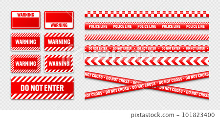 Various barricade construction tapes and warning shields. Red police warning line, brightly colored danger or hazard stripe, ribbon. Restricted area, zone. Attention symbol. Vector illustration Various barricade construction tapes and warning shields. Red police warning line, brightly colored danger or hazard stripe, ribbon. Restricted area, zone. Attention symbol. Vector illustration 101823400