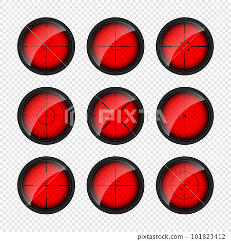 Various weapon thermal infrared sights, sniper rifle optical scopes. Hunting gun viewfinder with crosshair. Aim, shooting mark symbol. Military target sign. Game UI element. Vector illustration Various weapon thermal infrared sights, sniper rifle optical scopes. Hunting gun viewfinder with crosshair. Aim, shooting mark symbol. Military target sign. Game UI element. Vector illustration 101823412