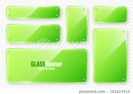 Realistic glass frames collection. Green transparent glass banners with flares and highlights. Glossy acrylic plate, element with light reflection and place for text. Vector illustration 101823414