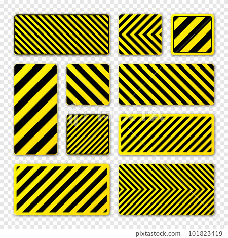 Various black and yellow warning signs with diagonal lines. Attention, danger or caution sign, construction site signage. Realistic notice signboard, warning banner, road shield. Vector illustration 101823419