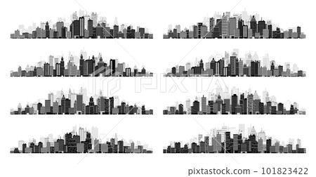 City silhouettes. Cityscape, town skyline, horizontal panorama. Midtown, downtown with various buildings, houses and skyscrapers. Vector illustration 101823422