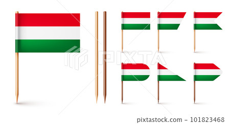 Realistic various Hungarian toothpick flags. Souvenir from Hungary. Wooden toothpicks with paper flag. Location mark, map pointer. Blank mockup for advertising and promotions. Vector illustration Realistic various Hungarian toothpick flags. Souvenir from Hungary. Wooden toothpicks with paper flag. Location mark, map pointer. Blank mockup for advertising and promotions. Vector illustration 101823468