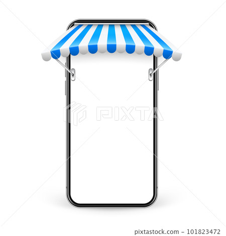 Smartphone with shop sunshade and metal mount, online internet shopping. Realistic blue striped cafe awning. Outdoor market tent. Roof canopy. Summer street store. Vector illustration Smartphone with shop sunshade and metal mount, online internet shopping. Realistic blue striped cafe awning. Outdoor market tent. Roof canopy. Summer street store. Vector illustration 101823472