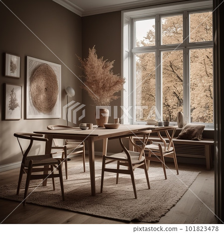 Cozy Modern Dining Room Neutral Beige Scandinavian Interior. Contemporary Realistic Living Room. Ai generated 101823478