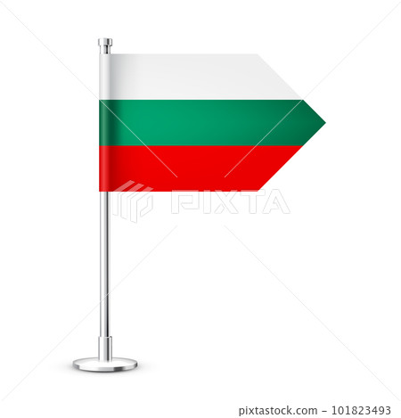 Bulgarian table flag on a chrome steel pole. Souvenir from Bulgaria. Desk flag made of paper or fabric and shiny metal stand. Mockup for promotion and advertising. Vector illustration Bulgarian table flag on a chrome steel pole. Souvenir from Bulgaria. Desk flag made of paper or fabric and shiny metal stand. Mockup for promotion and advertising. Vector illustration 101823493