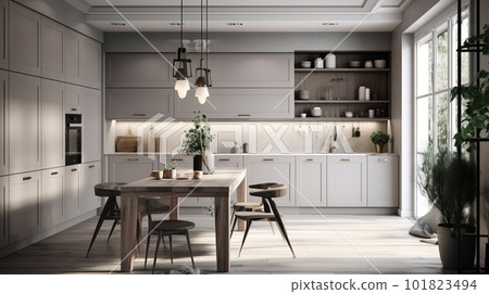 Modern Scandinavian Kitchen Interior. Contemporary Inspirational Living Space. Photorealistic Ai generated Modern Scandinavian Kitchen Interior. Contemporary Inspirational Living Space. Photorealistic Ai generated 101823494
