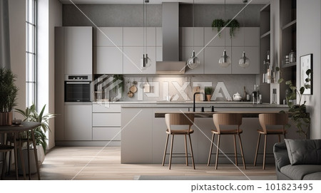 Modern Scandinavian Kitchen Interior. Contemporary Inspirational Living Space. Photorealistic Ai generated 101823495