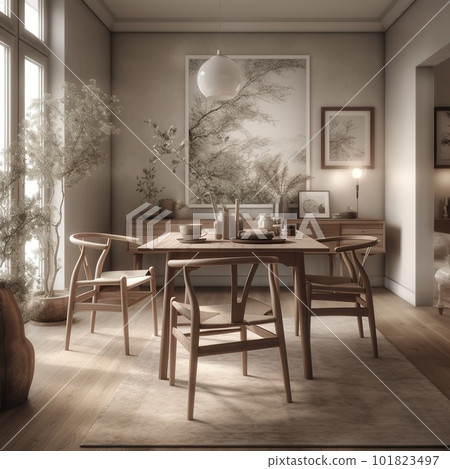 Cozy Modern Dining Room Neutral Beige Scandinavian Interior. Contemporary Realistic Living Room. Ai generated Cozy Modern Dining Room Neutral Beige Scandinavian Interior. Contemporary Realistic Living Room. Ai generated 101823497