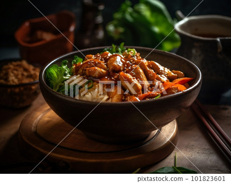 Bowl of Oriental Food, Asian Wok with Noodles, Shrimps, Chicken, Rice. Ai generative 101823601