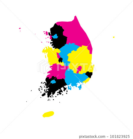 South Korea political map of administrative divisions - provinces, metropolitan cities, special city of Seolu and special self-governing cities of Sejong. Blank vector map in CMYK colors. South Korea political map of administrative divisions - provinces, metropolitan cities, special city of Seolu and special self-governing cities of Sejong. Blank vector map in CMYK colors. 101823925