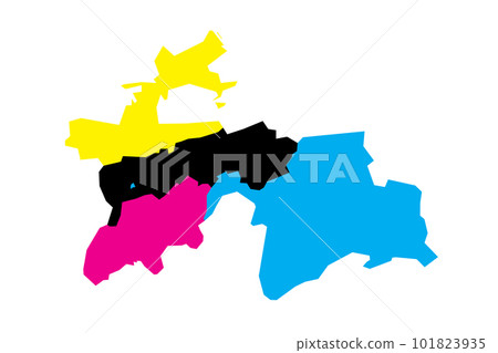 Tajikistan political map of administrative divisions - regions, autonomous region of Gorno-Badakhshan, districts of Republican Subordination and capital city of Dushanbe. Blank vector map in CMYK 101823935