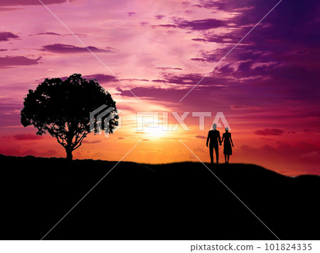 Silhouette of man and woman holding hands in the sunset Silhouette of man and woman holding hands in the sunset 101824335