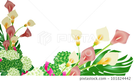 Horizontal background frame material of color flowers, hydrangeas and ribbons Horizontal background frame material of color flowers, hydrangeas and ribbons 101824442