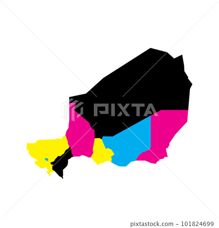 Niger political map of administrative divisions - regions and capital city of Niamey. Blank vector map in CMYK colors. Niger political map of administrative divisions - regions and capital city of Niamey. Blank vector map in CMYK colors. 101824699