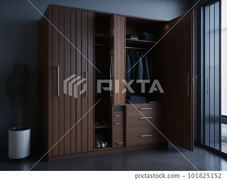 A wardrobe filled with clothes next to a window. Generative AI. 101825152