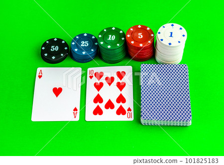 Poker game, ace and ten cards and chips. 101825183