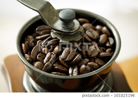 Close up of coffee beans in coffee grinder 101825196