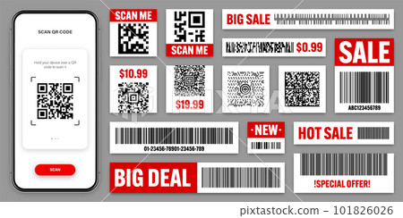 Product barcodes and QR codes. Smartphone application, scanner app. Sale stickers, discount label or promotional badge. Serial number, product ID. Store, supermarket scan labels. Vector illustration 101826026