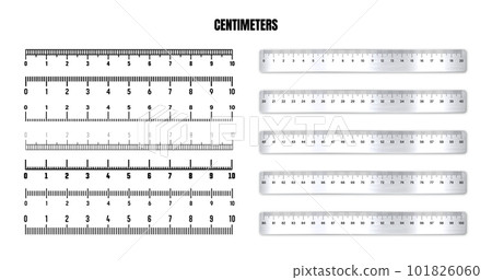 Realistic various shiny metal rulers with measurement scale and