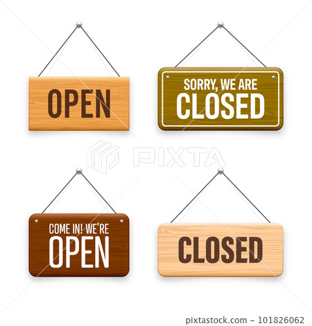 Wooden open or closed hanging signboards. Made of wood door sign for cafe, restaurant, bar or retail store. Announcement banner, information signage for business or service. Vector illustration Wooden open or closed hanging signboards. Made of wood door sign for cafe, restaurant, bar or retail store. Announcement banner, information signage for business or service. Vector illustration 101826062