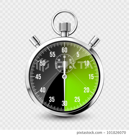 Realistic classic stopwatch. Shiny metal chronometer, time counter with dial. Green countdown timer showing minutes and seconds. Time measurement for sport, start and finish. Vector illustration 101826070