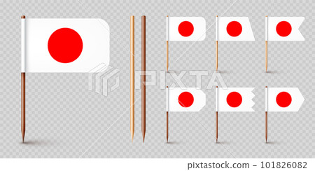 Realistic various Japanese toothpick flags. Souvenir from Japan. Wooden toothpicks with paper flag. Location mark, map pointer. Blank mockup for advertising and promotions. Vector illustration 101826082
