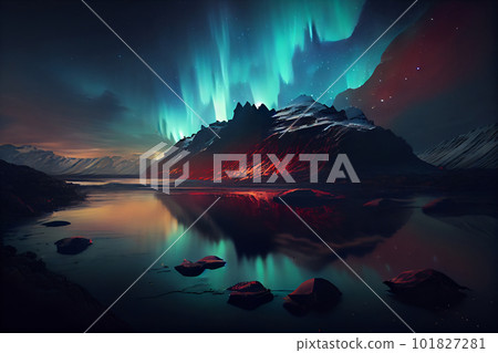 Colorful northern light aurora, borealis with red and green flames over the sky 101827281