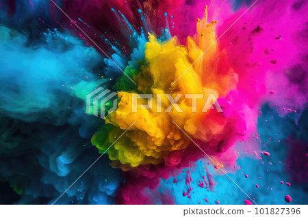 Modern, abstract colorful background. Holi paint throwing splash. Vibrant multicolor mix flow. Pink, blue, green, yellow colors. Generative AI Modern, abstract colorful background. Holi paint throwing splash. Vibrant multicolor mix flow. Pink, blue, green, yellow colors. Generative AI 101827396